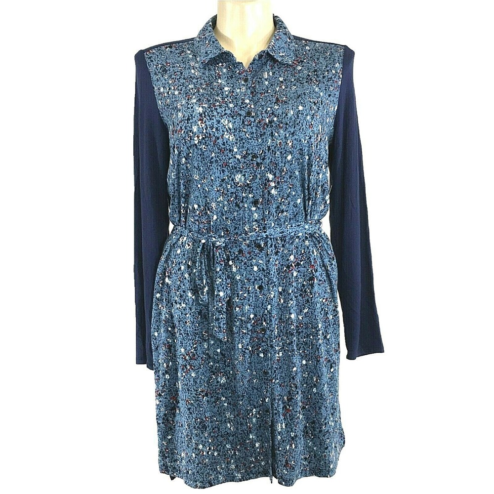 Bass USA Dress LARGE Navy Blue Red White‎ Splatter Long Sl Tee Shirt Belt Button